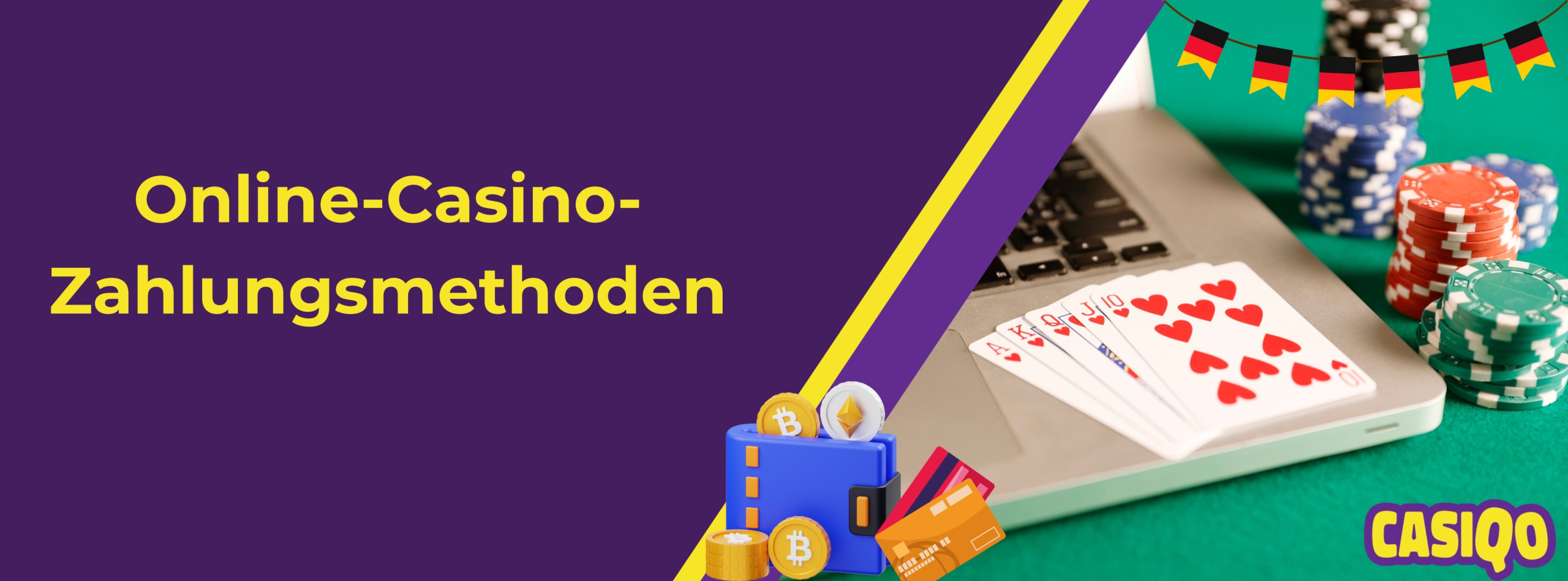Banner mit dem Text 'Online-Casino-Zahlungsmethoden' in gelber Schrift auf lila Hintergrund. Rechts sieht man einen Laptop mit einem Royal Flush in Herz (10 bis Ass), daneben bunte Pokerchips. Unten sind Symbole für Kreditkarten, eine Krypto-Wallet mit Bitcoin- und Ethereum-Münzen. 