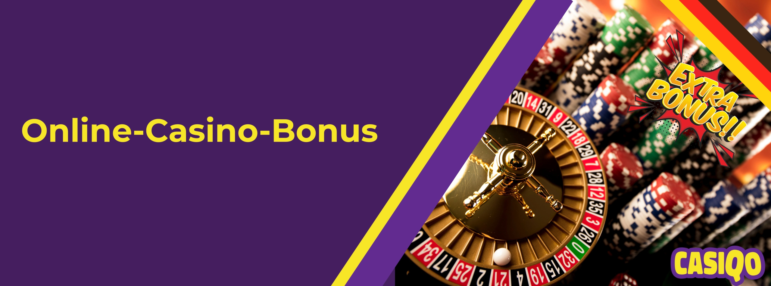 Werbebanner für Online-Casino-Bonus mit violettem Hintergrund, gelbem Text 'Online-Casino-Bonus' und einem Bild von Roulette, Spielchips und dem Text 'EXTRA BONUS!!'