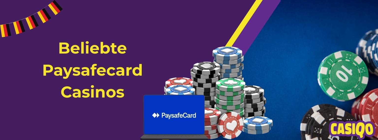 Casiqo-Banner mit der Aufschrift Beliebte Paysafecard-Casinos und Casino-Poker-Münzen