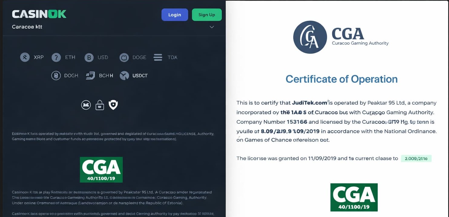 CasinOK-Footer mit Krypto-Symbolen und einem Zertifikat der Curaçao Glücksspielbehörde.
