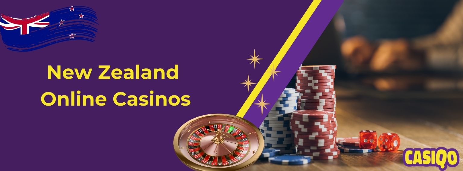 Casiqo banner with text "New Zealand Online Casinos" and showing casino poker games, stars and NZ flag