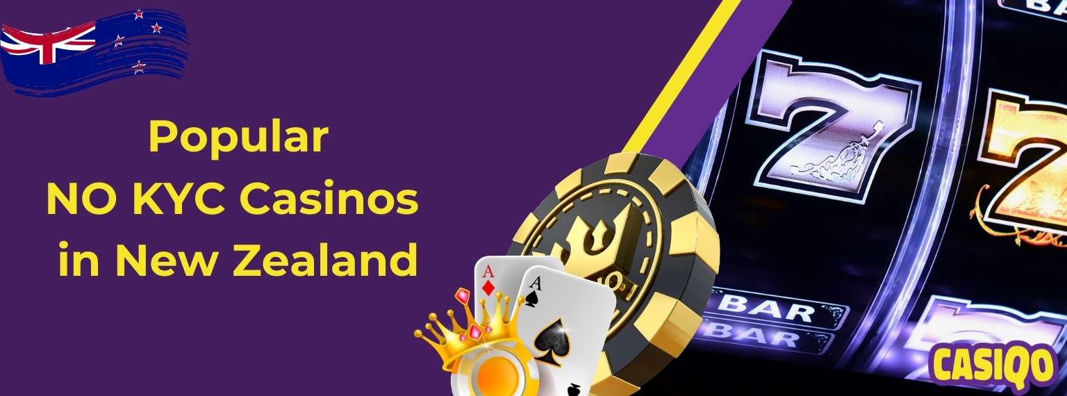 Casiqo banner saying Popular NO KYC Casinos in New Zealand and showing casino slot and poker games