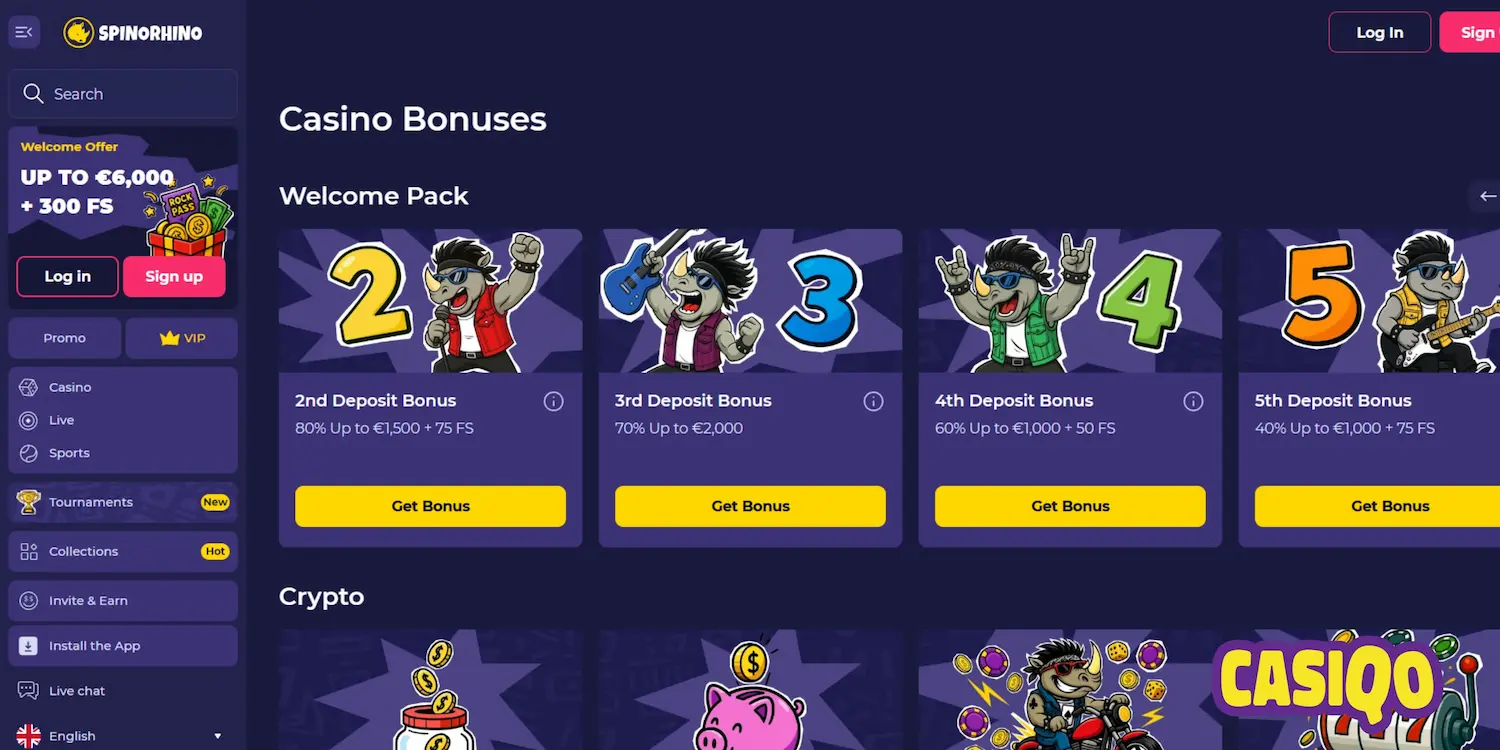 Spinorhino Casino with five deposit offers up to €6,000 and 300 FS with cartoon rhinos.