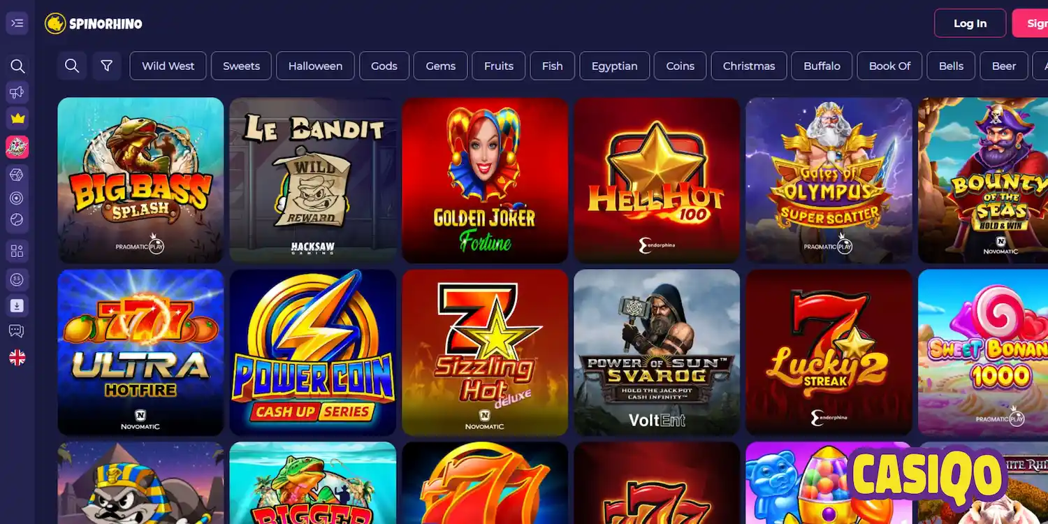 Spinorhino casino lobby displaying slot games like Big Bass Splash and Sweet Bonanza 1000.