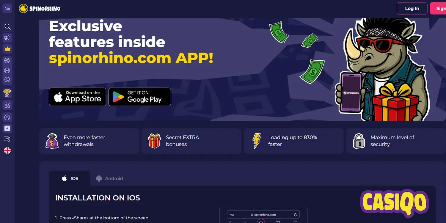 Spinorhino casino displaying a rhino with a mobile app for iOS and Android.
