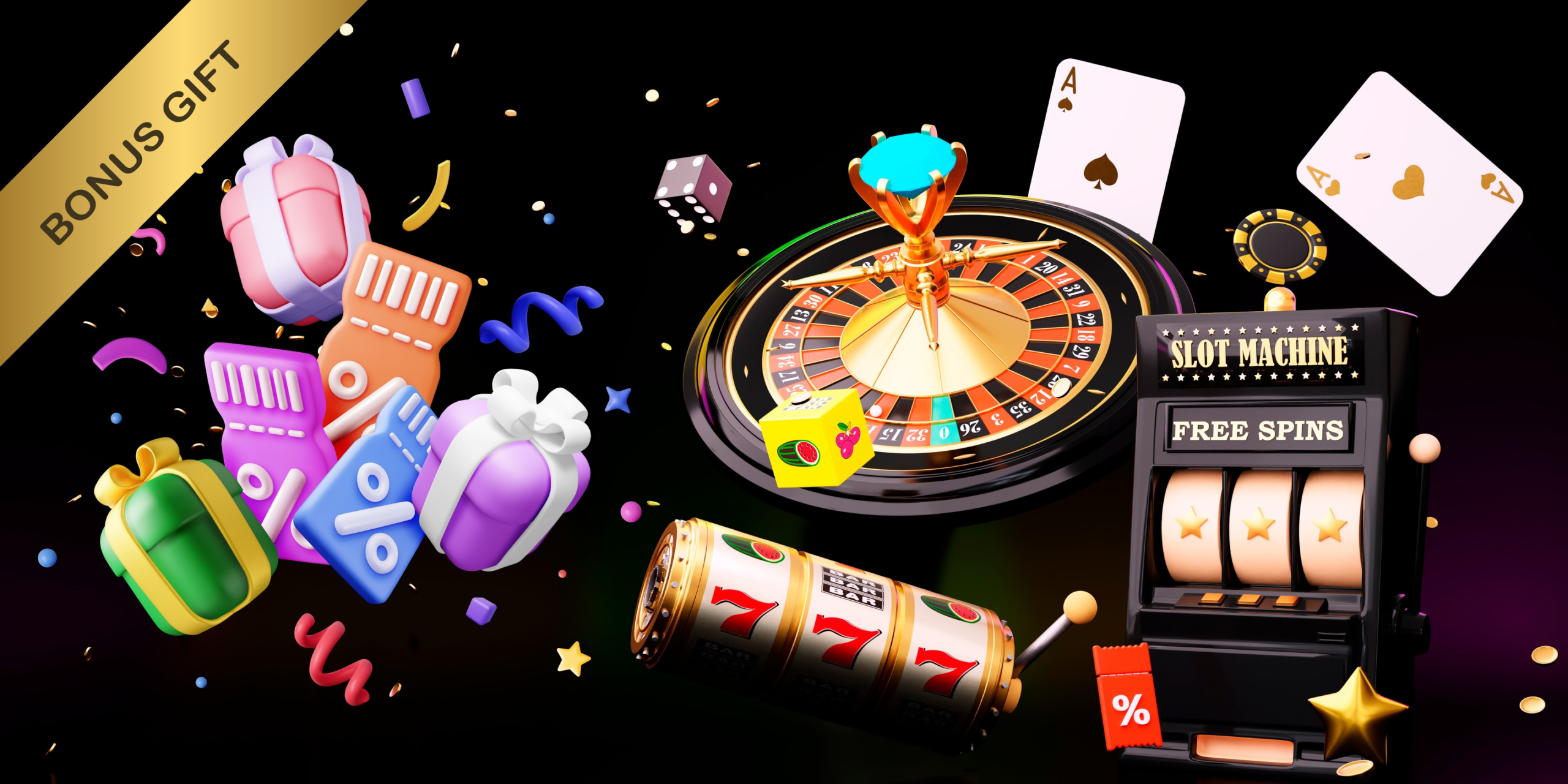 Colorful online casino bonuses banner with gifts, roulette, and slot machine.