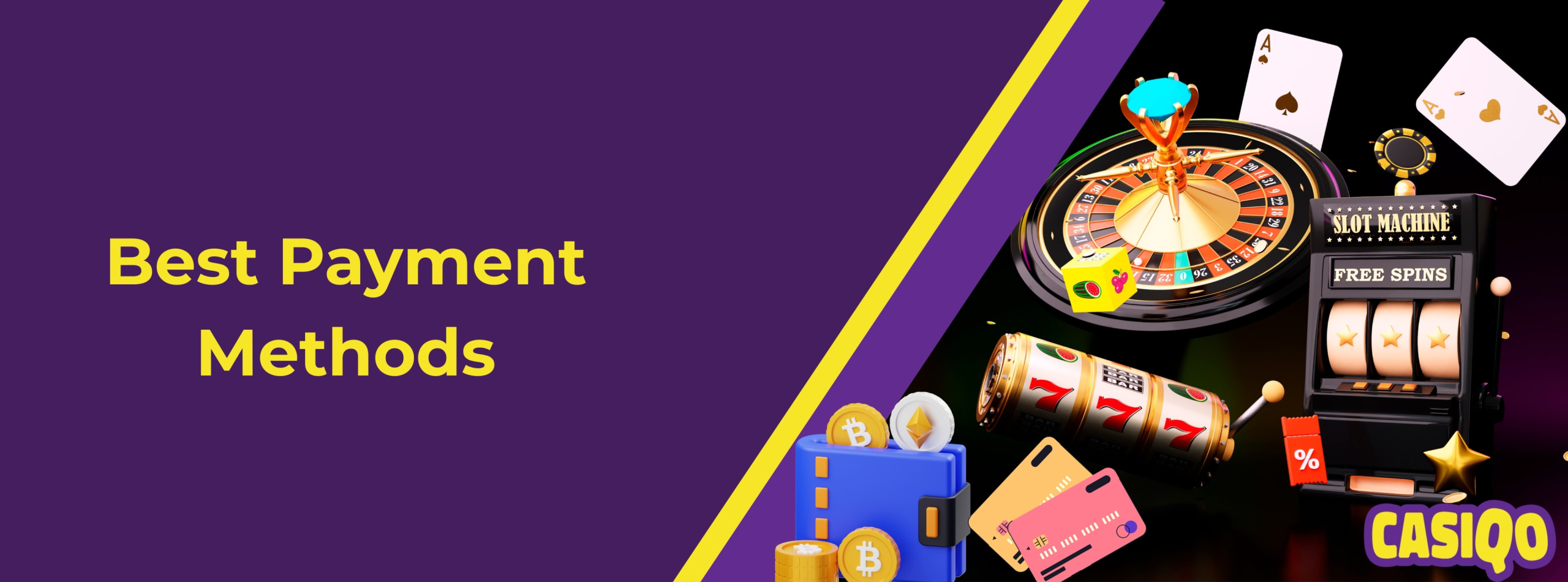 Promotional banner for Casiqo's best payment method with 3D-rendered casino elements and digital payment options such as Bitcoin, Ethereum, credit cards, and a digital wallet.