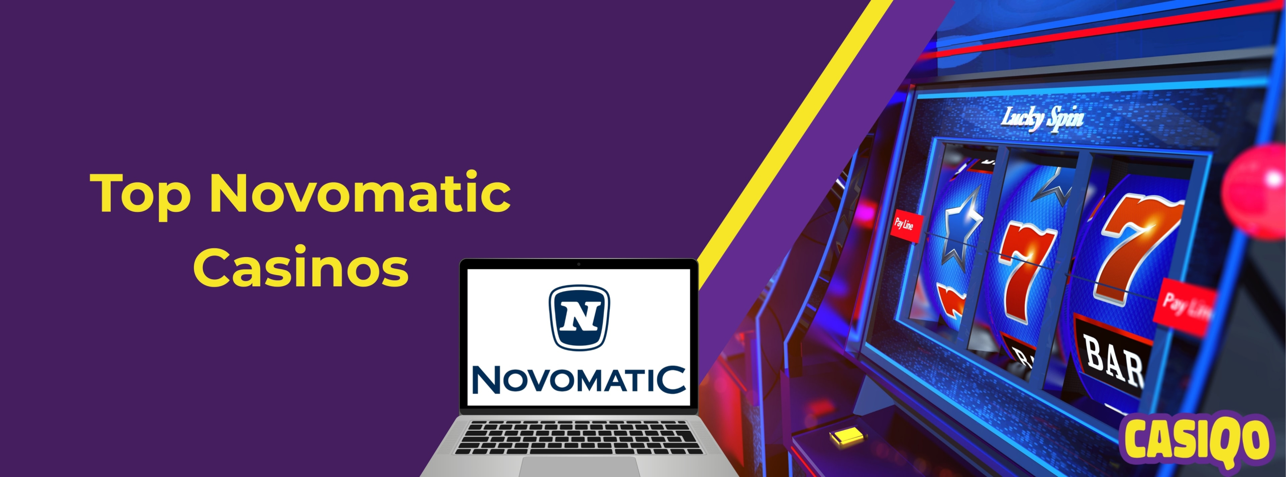 Promotional graphic for top Novomatic casinos featuring a laptop displaying the Novomatic logo and a close-up of a slot machines. 