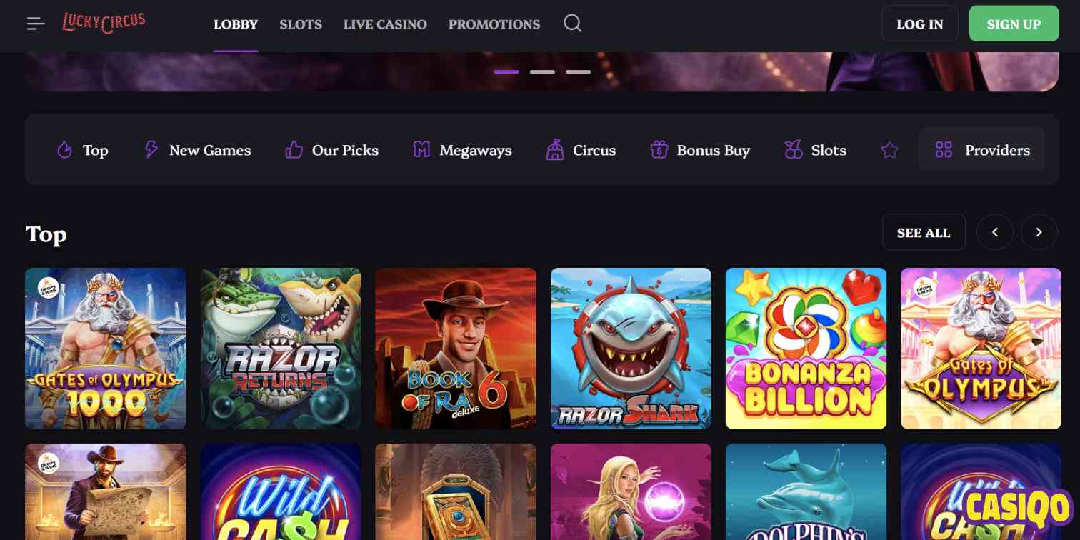 Lucky Circus homepage showing sidebar and top casino game options